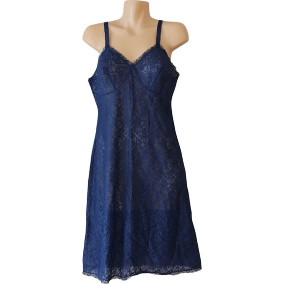 Vintage St. Michael Lingerie 36 Slip Dark Blue Lace Lace Size 14 sp76 - Picture 10 of 10
